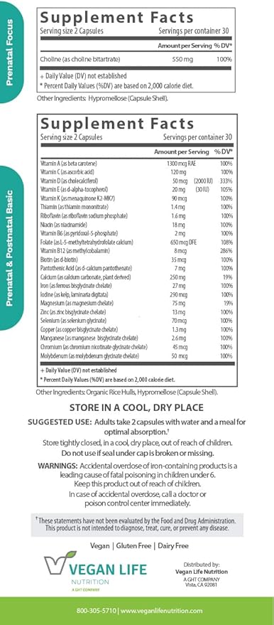 Vegan Life Nutrition - Vegan Prenatal Vitamins - Folate, Choline, Vitamins A, B, C, D, E, K, and More - Gluten-Free, Non-GMO