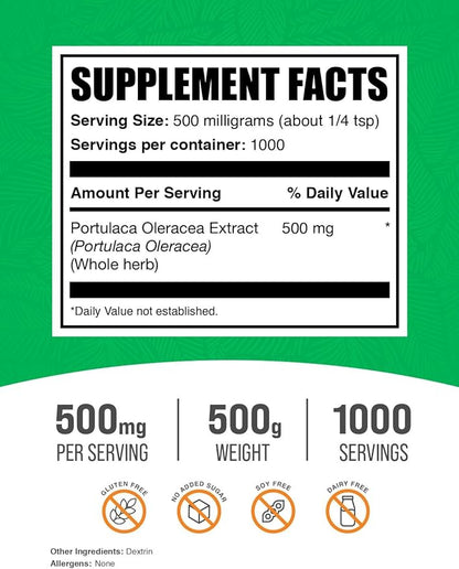 BulkSupplements.com Purslane Extract Powder - Portulaca Oleracea Extract, Purslane Supplements - from Purslane Herb, Gluten Free, 500mg per Serving, 500g (1.1 lbs) (Pack of 1)