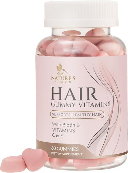 Sugar Free Hair Vitamins Gummies with Biotin 5000 mcg, Vitamin A, B12, C, D, E, Folic Acid, Supports Hair Growth Gummy, Vegetarian Friendly, Supports Strong Beautiful Hair and Nails - 60 Gummies