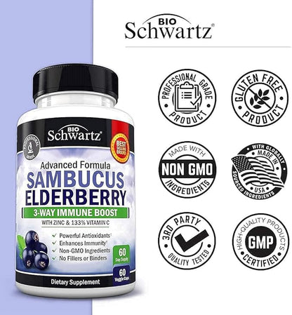 Elderberry with Zinc and Vitamin C for Adults - Immune Support Vitamins for Women and Men Natural Elderberries Black Sambucus Capsules - Immune Defense Multiminerals Supplement, Gluten-Free, 60 Ct