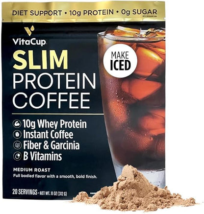 VitaCup Slim Protein Coffee Shake for Diet Support, Instant Coffee w/Whey Protein Powder, B Vitamins & Fiber, Dietitian Developed for Performance and Taste, Make as Iced Coffee or Shake, 20 Servings