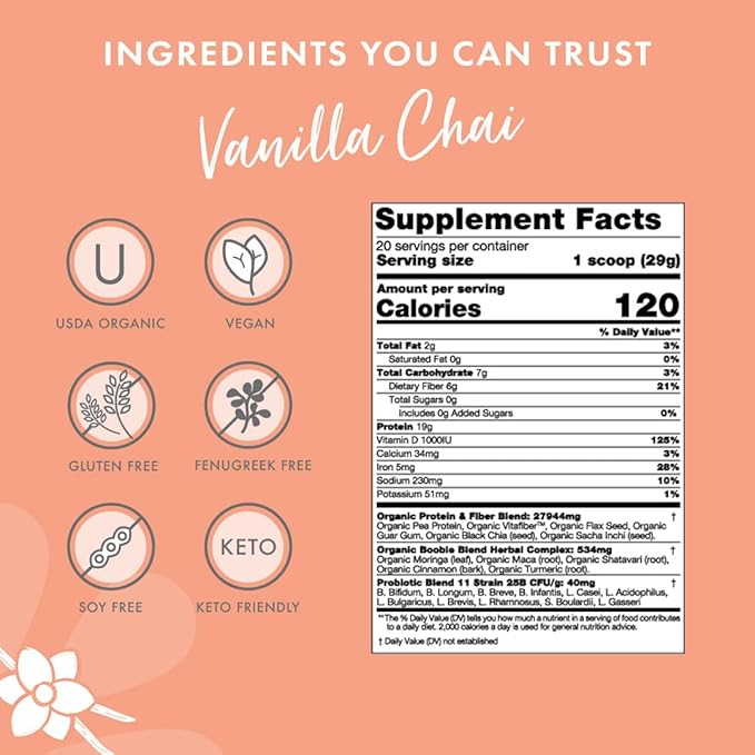 Boobie Body Superfood Protein Meal Replacement Shake, Vanilla Chai Flavor | 19g Protein | Safe For Pregnancy, Lactation, & Motherhood | Organic, Vegan, Zero Sugar, 1 Tub (20.5 oz.)
