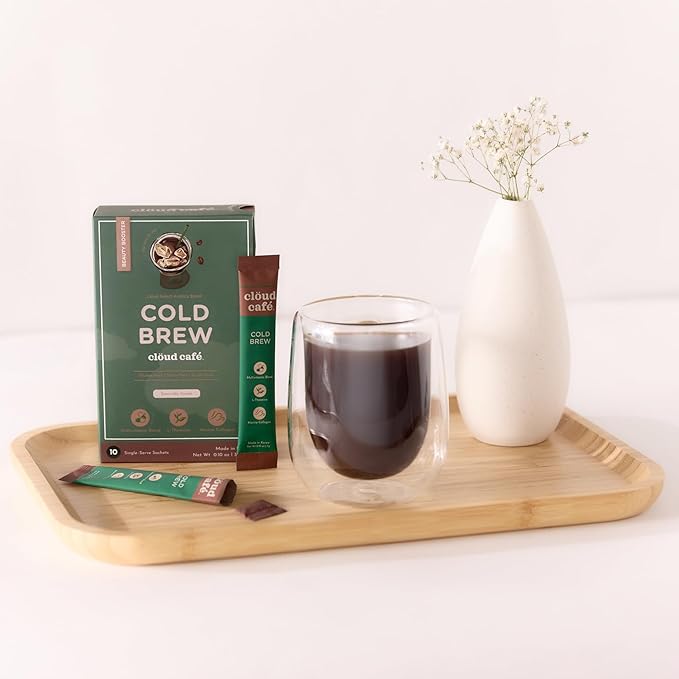 Clöud Café Collagen Infused Cold Brew Instant Coffee Packets - Hyaluronic Acid, Multivitamin Powder, & Marine Collagen Single Serve Instant Coffee Powder (10 Sachets)