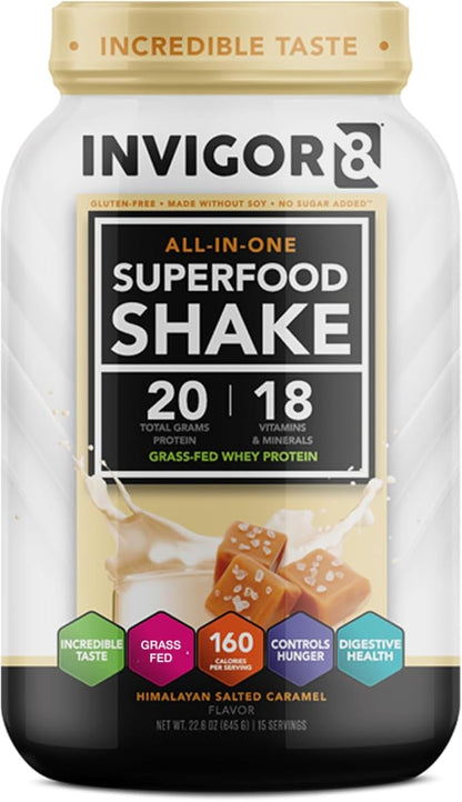 INVIGOR8 Superfood Grass Fed Whey Protein Isolate Shake Himalayan Salted Caramel Gluten-Free and Non GMO Meal Replacement with Probiotics and Omega 3 (645g)