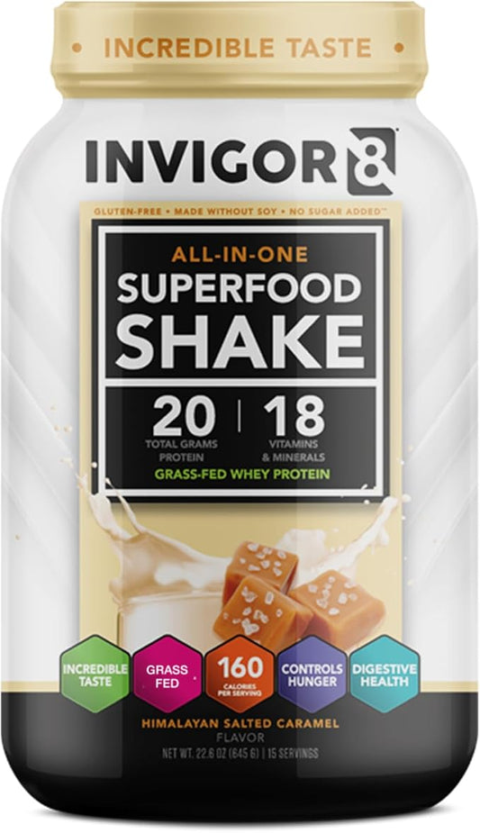 INVIGOR8 Superfood Grass Fed Whey Protein Isolate Shake Himalayan Salted Caramel Gluten-Free and Non GMO Meal Replacement with Probiotics and Omega 3 (645g)