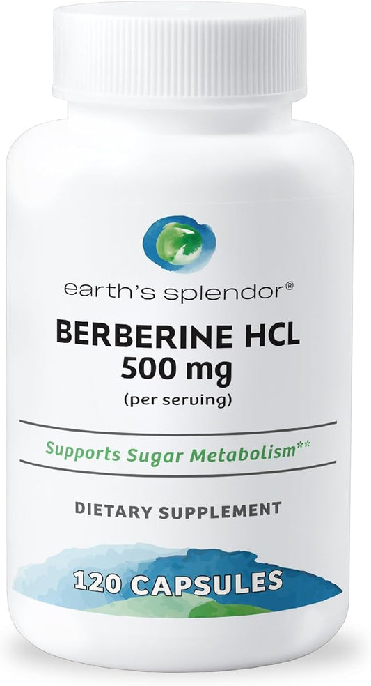 Earth's Splendor Berberine 500mg Capsules, Dietary Supplement, Supports Sugar Metabolism (120ct Bottle, 2 Month Supply) Non-GMO, Vegan-Friendly