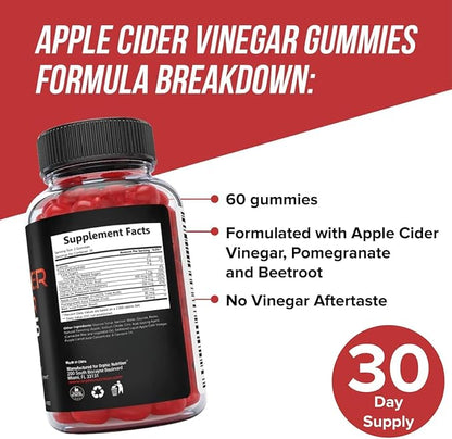Apple Cider Vinegar Gummies - 1000mg - Formulated to Support Normal Energy Levels & Gut Health - Supports Digestion, Detox & Cleansing - ACV Gummies W/VIT B12, Beetroot (60 Gummies)