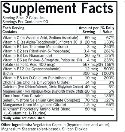Kirkman - EveryDay Multivitamin without Vitamins A & D - 180 Capsules - Comprehensive Multivitamin - Mineral Support - Hypoallergenic