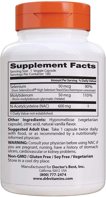 Doctor's Best Nac Detox Regulators with seleno excell, Non-GMO, Vegetarian, Gluten&Soy Free, 180 Veggie Caps, 180Count