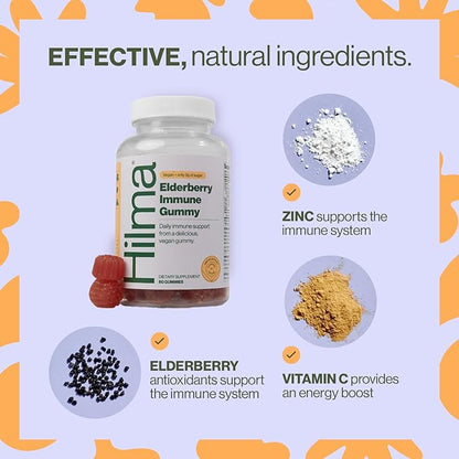 Hilma Elderberry Gummies Formulated with Vitamin C & Zinc - Natural, Vegan + Clinically Proven Ingredients - Immune Support Supplement + Antioxidants - Natural Berry Flavor (60 Gummies)