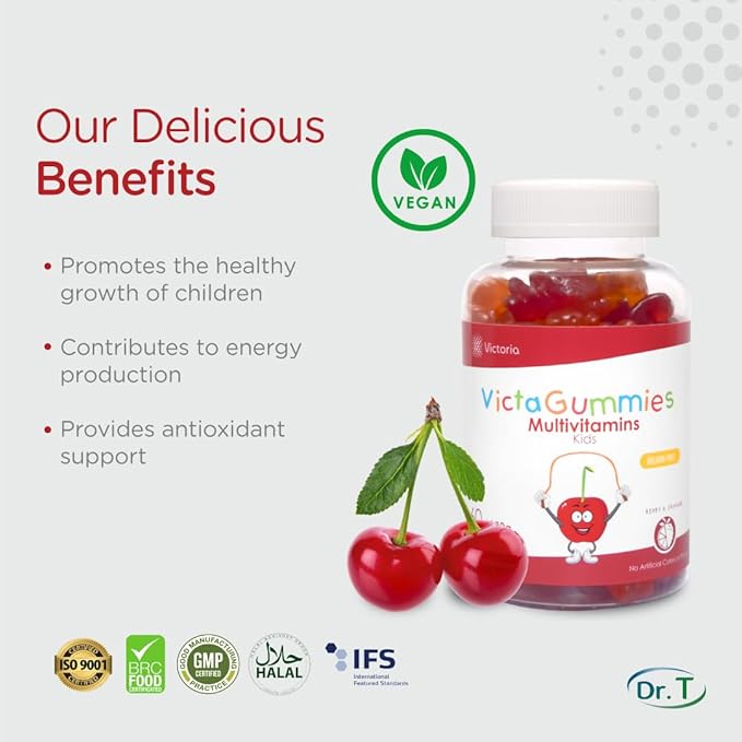 Dr. T VictaGummies Multivitamins 180 gr for Kids - Berry & Orange Flavor - Pectin Gummies - Improved Energy - Overall Wellbeing - 60 Count (Pack of 1)