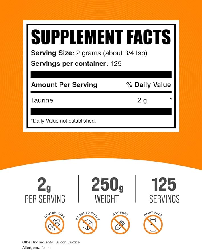 BulkSupplements.com Taurine Powder - Taurine Supplement, Taurine 2000mg - Amino Acids Supplement for Energy - Unflavored & Gluten Free, 2g per Serving, 250g (8.8 oz) (Pack of 1)