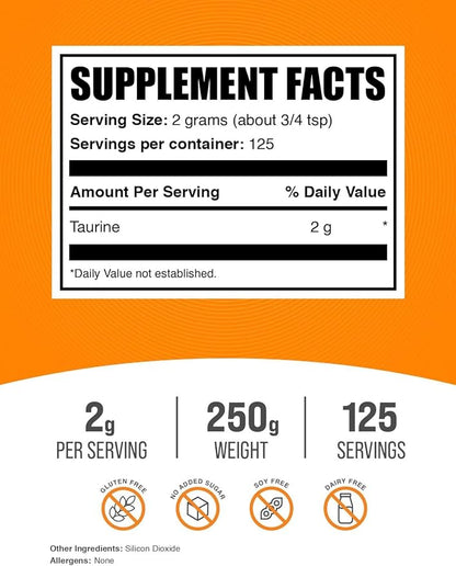 BulkSupplements.com Taurine Powder - Taurine Supplement, Taurine 2000mg - Amino Acids Supplement for Energy - Unflavored & Gluten Free, 2g per Serving, 250g (8.8 oz) (Pack of 1)
