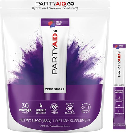 PARTYAID GO Feel Good Tonight and Tomorrow, Zero Sugar, 5-HTP, B-Complex, Milk Thistle, Electrolytes, No Artificial Flavors or Sweeteners, Caffeine-Free, 30 Count (Pack of 1)