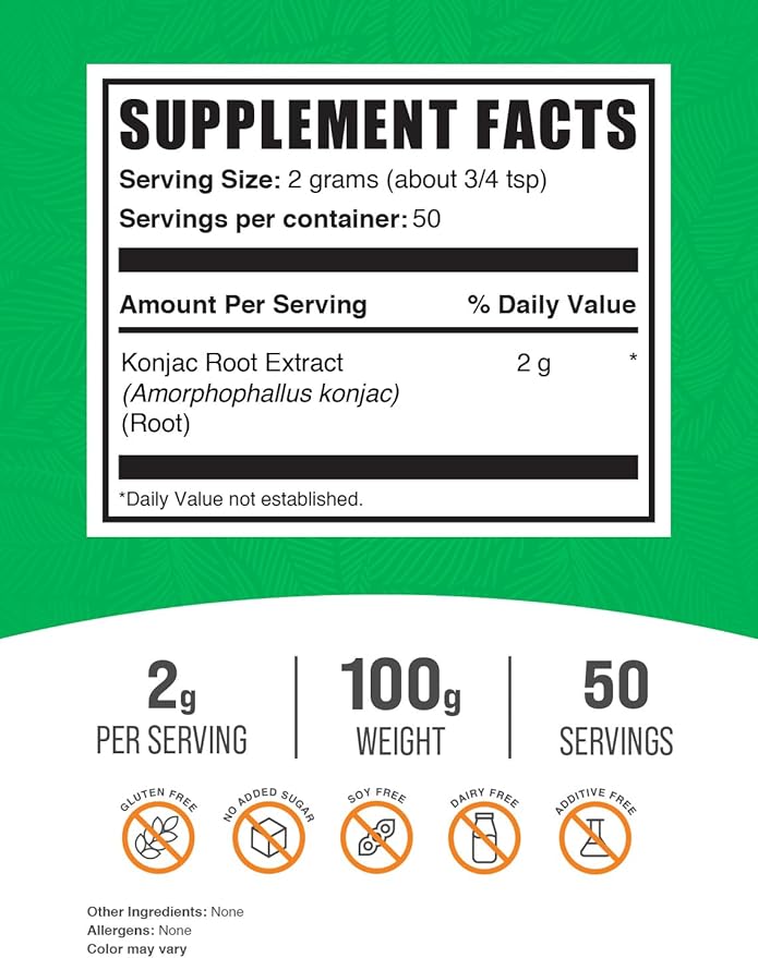 BulkSupplements.com Glucomannan Powder - Konjac Root Extract Powder, Fiber Supplement Powder, Konjac Powder - Gluten Free, 2g per Serving, 100g (3.5 oz) (Pack of 1)