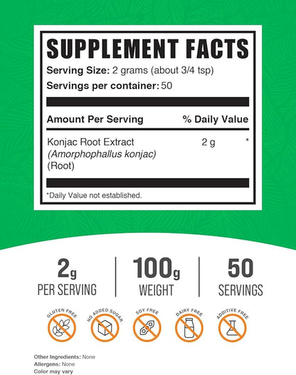 BulkSupplements.com Glucomannan Powder - Konjac Root Extract Powder, Fiber Supplement Powder, Konjac Powder - Gluten Free, 2g per Serving, 100g (3.5 oz) (Pack of 1)