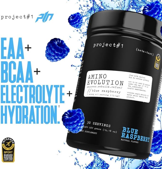 Project #1 AminoEVolution: Muscle Support & Recovery | BCAA's, EAA's, Electrolytes Powder | Keto-Friendly Energy Boost | Pre Workout for Men & Women | 30 Servings - Blue Raspberry | Amino Acids