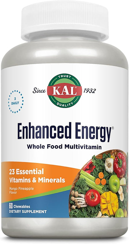 KAL Enhanced Energy Supplements, Whole Food Chewable Multivitamin with Iron, 3 Daily, 23 Essential Vitamins and Minerals, Super Foods, Enzymes, Mango Pineapple Flavor, 60-Day Guarantee, 20 Serv, 60ct