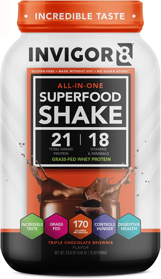 INVIGOR8 Superfood Grass Fed Whey Protein Isolate Shake Chocolate Brownie Gluten-Free and Non GMO Meal Replacement with Probiotics and Omega 3 (645g)