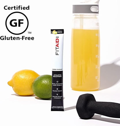 FITAID GO ZERO SUGAR Recovery Hydration Packet, W/ BCAAs, Glucosamine, Electrolytes, Omega-3s, 100% Clean, Keto-friendly, Vegan & Gluten-Free, 5 calories, Naturally Sweetened, 14 pack