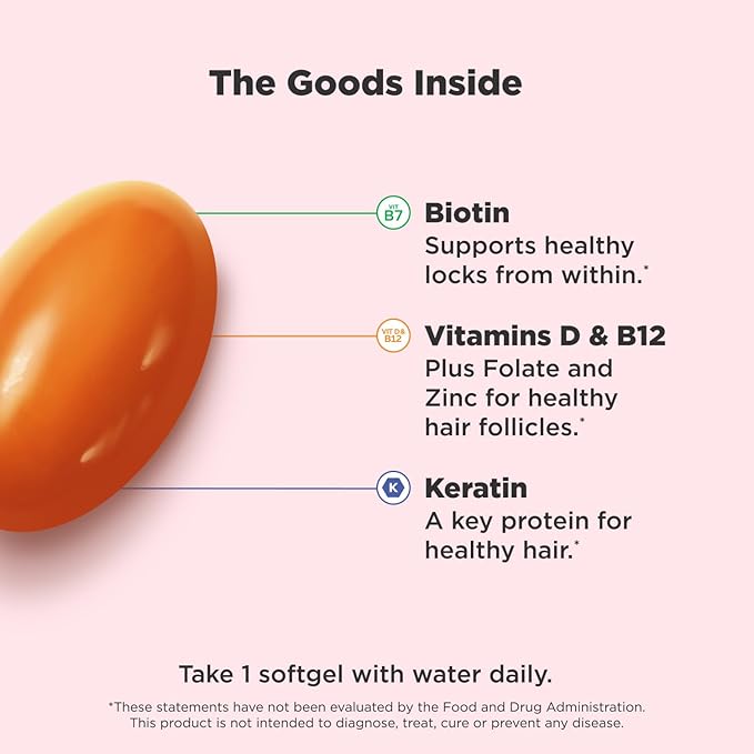 OLLY Ultra Strength Hair Softgels, Supports Hair Health, Biotin, Keratin, Vitamin D, B12, Hair Supplement, 30 Day Supply - 30 Count (Packaging May Vary)