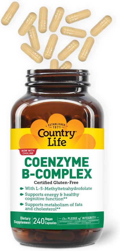 Country Life Coenzyme Vitamin B Complex Caps for Healthy Energy Support, Cognitive Function & Cholesterol Metabolism, Includes Methylfolate and 500mcg Vitamin B12, Gluten Free, Vegan and Kosher