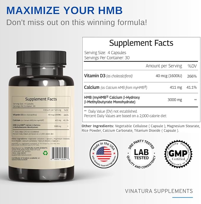 HMB 3000mg and Vitamin D3 Supplement Capsules per Serving *USA Made & Tested* Promotes Muscle Growth & Recovery - HMB Supplement and Vitamin D3 (1600 IU) - 120 Capsules 30 Servings