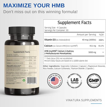 HMB 3000mg and Vitamin D3 Supplement Capsules per Serving *USA Made & Tested* Promotes Muscle Growth & Recovery - HMB Supplement and Vitamin D3 (1600 IU) - 120 Capsules 30 Servings