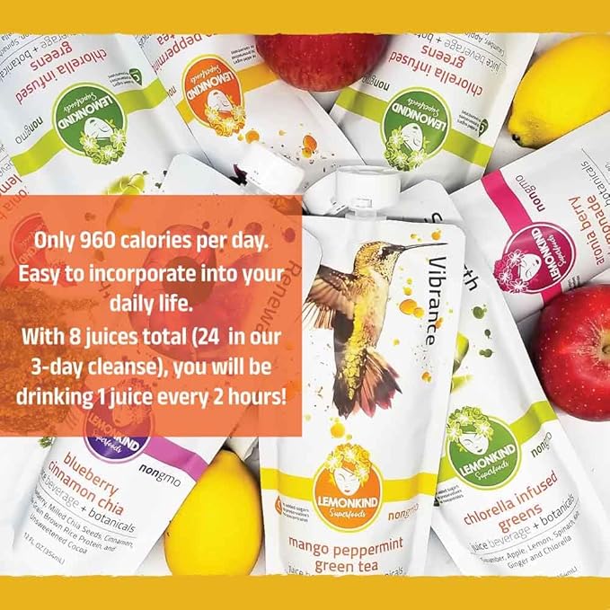 LEMONKIND 3-Day CORE Nutrient-Dense Cleanse: Detox, Boost Energy, Manage Weight, Break Bad Habits - Plant-Based, Non-GMO, Gluten-Free, Pressed, No Concentrates - 24 juices.