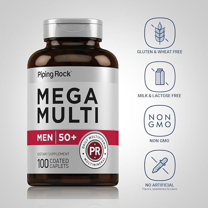 Piping Rock Multivitamin for Men Over 50 Plus | 100 Caplets | with Vitamin D3, Potassium, Folate | Daily Mega Multi Mineral Supplement | Non-GMO, Gluten Free