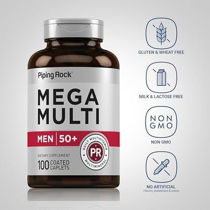 Piping Rock Multivitamin for Men Over 50 Plus | 100 Caplets | with Vitamin D3, Potassium, Folate | Daily Mega Multi Mineral Supplement | Non-GMO, Gluten Free