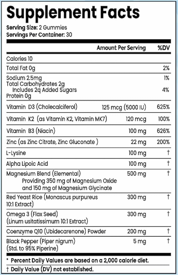 L-Lysine Coq10 Alpha Lipoic Acid Gummies Red Yeast Rice Magnesium Gummy for Adults and Kids - Amino Acid Supplements Omega 3 Niacin Zinc Vitamin K2 D3 B3 - Vitamins for Women and Men - 60 Gummy Bears