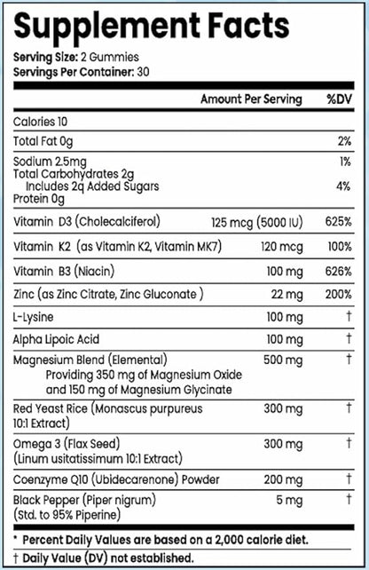 L-Lysine Coq10 Alpha Lipoic Acid Gummies Red Yeast Rice Magnesium Gummy for Adults and Kids - Amino Acid Supplements Omega 3 Niacin Zinc Vitamin K2 D3 B3 - Vitamins for Women and Men - 60 Gummy Bears