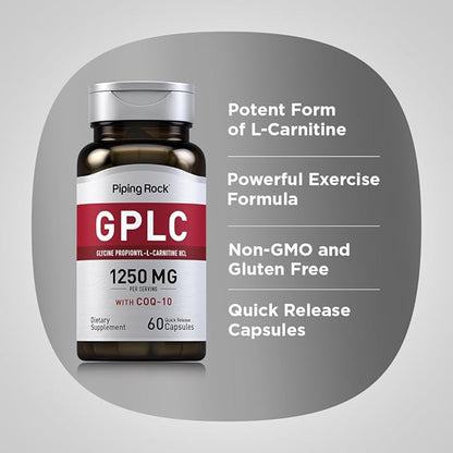 Piping Rock GPLC Glycine Propionyl-L-Carnitine | 1250mg | 60 Capsules | Plus CoQ10 | Non-GMO, Gluten Free Supplement