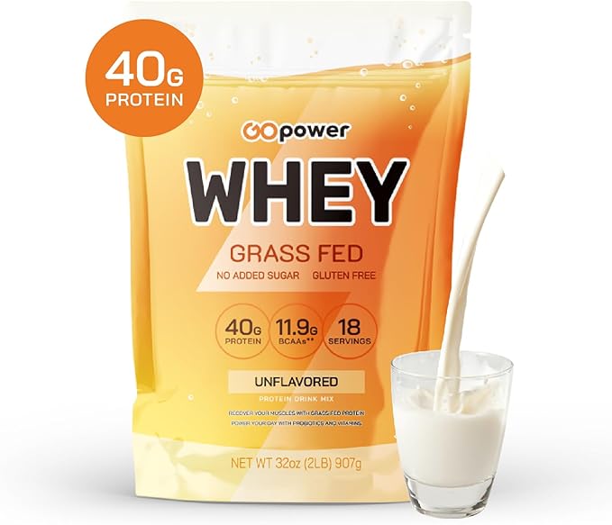 GOPOWER Whey Protein Powder, with BCAAs, Grass Fed Protein Powder, 2 Pound, 18 Servings