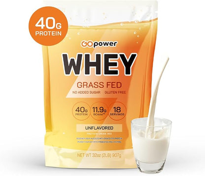 GOPOWER Whey Protein Powder, with BCAAs, Grass Fed Protein Powder, 2 Pound, 18 Servings