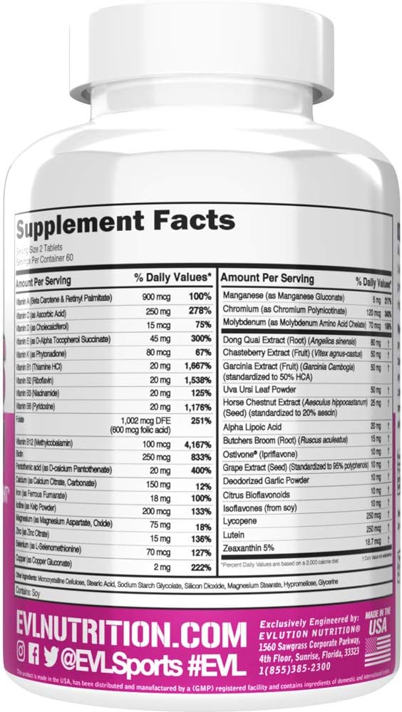 Evlution Nutrition Women's Multivitamin - Full Spectrum Vitamins & Minerals, Immune Health, Vitamin C & D, Iron, Zinc, Antioxidants & Bioflavonoids, Skin, Hair, Bone, Eye Health, 120 Tablets, 60 Days