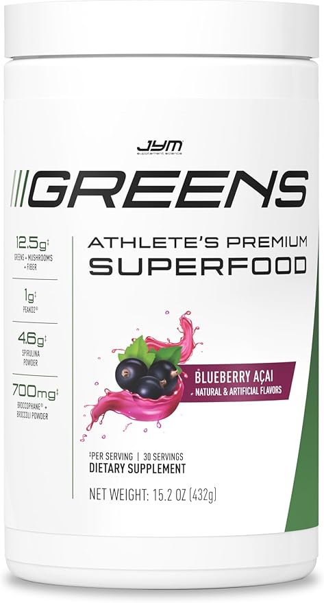 JYM Greens Super Food Powder for Performance, Blueberry Acai, Spirulina, Mushrooms, Vitamins, BroccoPhane & Broccoli, Men & Women, 30 Servings