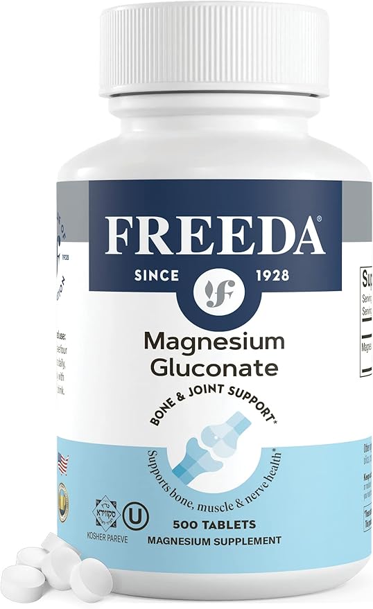 Freeda Magnesium Gluconate - Kosher Vegan Magnesium Supplement for Men & Women - Leg & Muscle Cramp and Spasm Relief - Natural Muscle Relaxer - Magnesio Vitamins and Supplements (500 Tablets)
