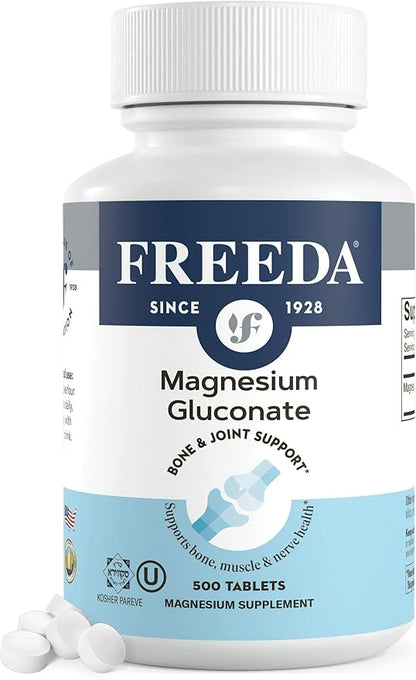 Freeda Magnesium Gluconate - Kosher Vegan Magnesium Supplement for Men & Women - Leg & Muscle Cramp and Spasm Relief - Natural Muscle Relaxer - Magnesio Vitamins and Supplements (500 Tablets)