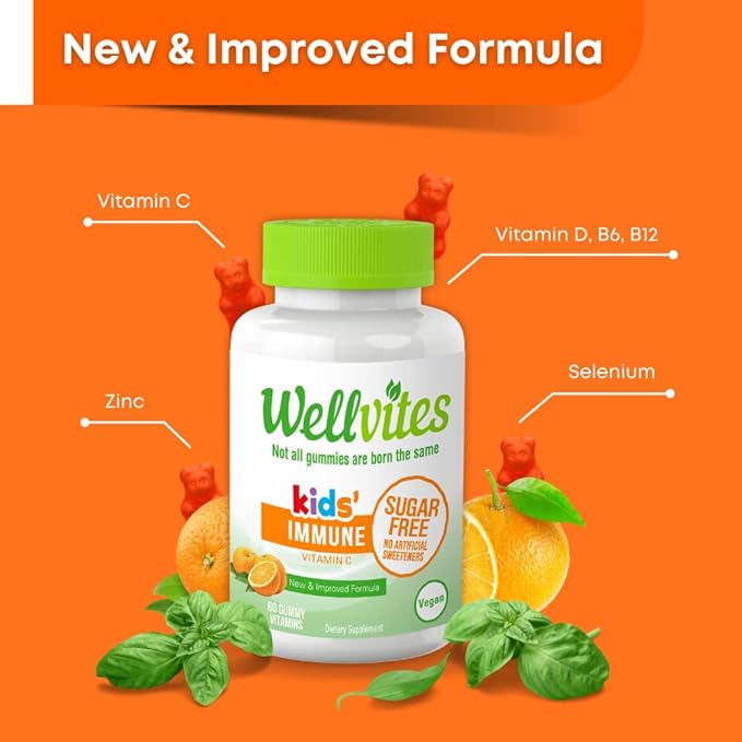 Sugar Free Kids Immune Daily Gummy Vitamins - Vegan, Non-GMO - Vitamin C Gummies for Kids Immune Support – No Artificial Sweeteners, Gluten Free, Gelatin Free - 60 Count (30 Day Supply)