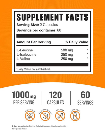 BulkSupplements.com BCAA 2:1:1 Capsules - Branched Chain Amino Acids, BCAA Supplements, BCAA Capsules - BCAA 1000mg, BCAA Pills - Gluten Free - 2 Capsules for Serving, 120 Capsules