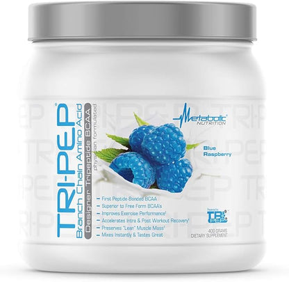 Metabolic Nutrition - TRIPEP - Tri-Peptide Branch Chain Amino Acid, BCAA Powder, Pre Intra Post Workout Supplement, Blue Raspberry, 400 Grams (40 Servings)