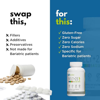 Belt +23 Bariatric Multivitamin and Multimineral Tables (Gastric Bypass, Sleeve Gastrectomy) with Iron - No Flavor - 1 Month Supply