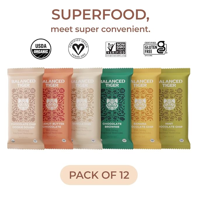 Organic Functional Mushroom Protein Bars | Made in USA | Full Dose (1500mg) Lions Mane, Chaga, Reishi & Cordyceps Bars | Vegan Protein Bars, Adaptogens, Superfoods Protein Bars | 12 Bars Variety Box