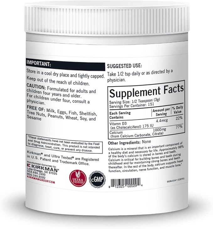 Kirkman – Purest Calcium with Vitamin D-3 –– 454 gm– 16 oz Powder - Unflavored - Hypoallergenic –– Minerals –– Gluten & Casein Free –– Tested for More Than 950 Environmental Contaminants