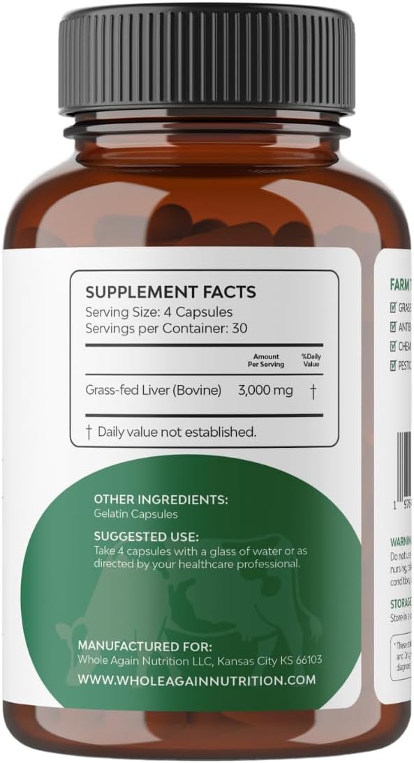 Grass Fed Beef Liver Capsules - 100% Pasture Raised - No Fillers or Flow Agents - 120 Count 3,000mg Serving - 30-Day Supply - Iron and Energy - Grass fed Desiccated Liver Supplement