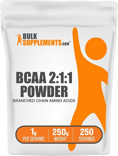 BulkSupplements.com BCAA 2:1:1 Powder - Branched Chain Amino Acids, BCAA Supplement, BCAAs Amino Acids Powder - Unflavored & Gluten Free, 1000mg per Serving, 250g (8.8 oz) (Pack of 1)