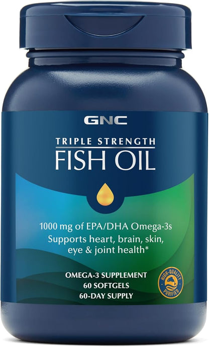 GNC Triple Strength Omega 3 Fish Oil 1000mg, 60 Count, Supports Joint, Skin, Eye, and Heart Health