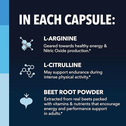L-Arginine Capsules for Active Males - 60 Count, Non-GMO, 1200mg Blend of L Arginine and L Citrulline - Arginine Supplement for Enhanced Performance - L Arginine for Muscle Support